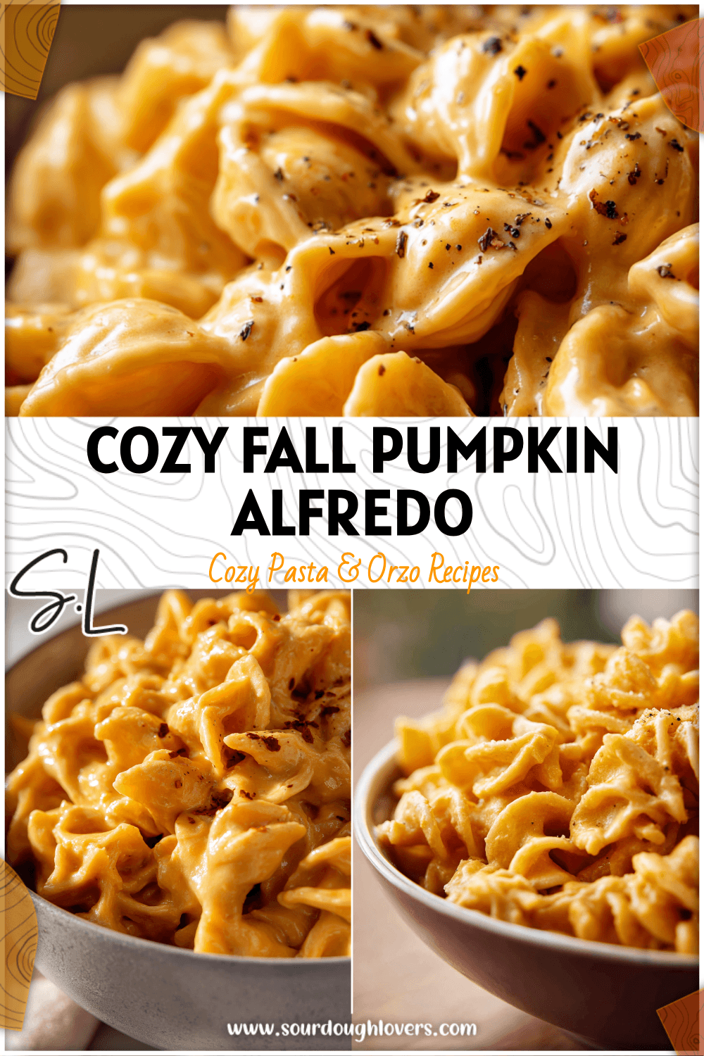 Creamy pumpkin Alfredo pasta served in a bowl with shaped pasta perfect for fall recipes and Thanksgiving sides 26